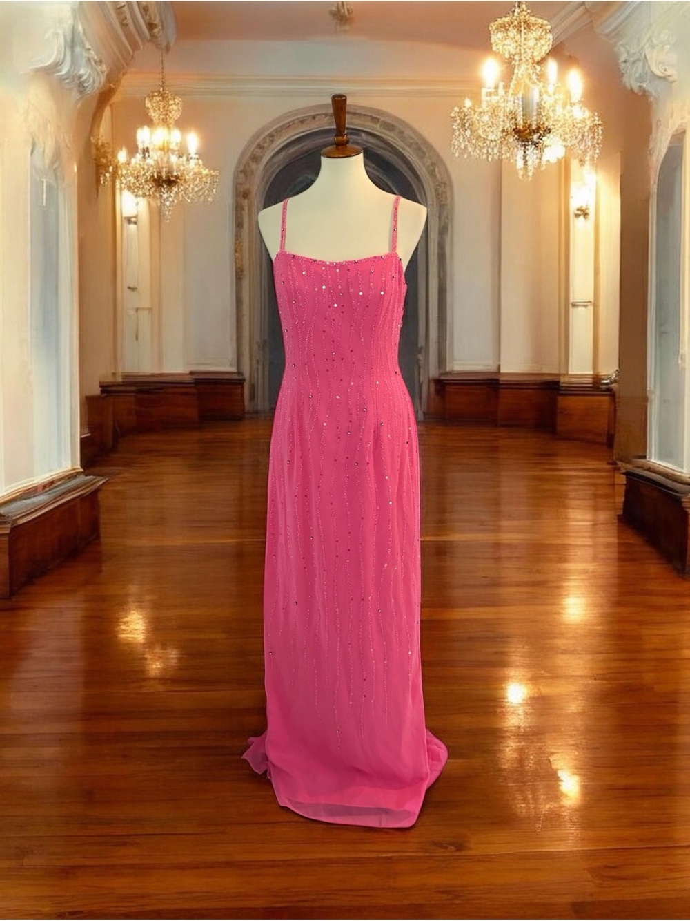 Jasz Couture Elegant Pink Beaded Formal Dress with Spaghetti Straps Size 12